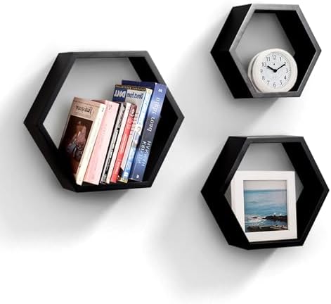 ROSE BLOOM Set of 3 Black Wood Hexagon Shelves for Wall Decor - Farmhouse Honeycomb Shelves for Living Room Decor, Kitch