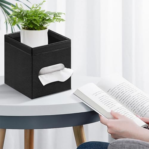 PU Leather Square Tissue Box Cover with Storage Tray - Decorative Organizer for Bathroom Vanity, Night Stands, Office De