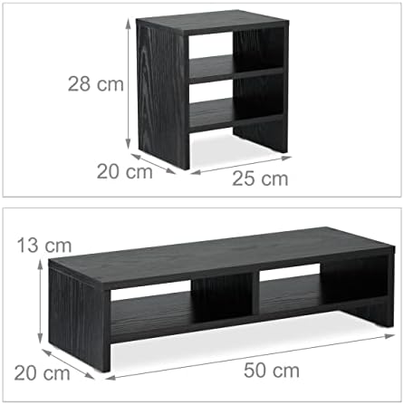 Relaxdays Monitor Stand with Shelves, 2 Parts, Organiser, Laptop Shelf for Desk, Desk Riser, Office, Black, 1 Piece