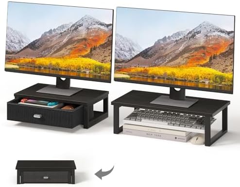 WOHOMO Dual Monitor Stand Riser with Drawers, Wood Desk Organizers for 2 Monitors, Desktop Storage Stand for Computer, L