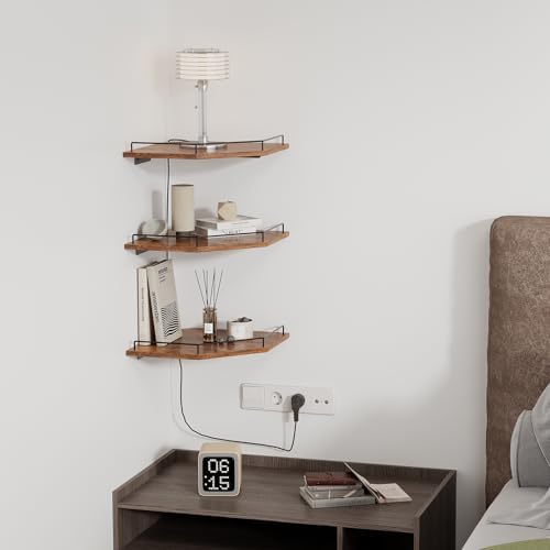 JJL Corner Shelf Wall Mounted, 12 Inches 3-Tier Floating Corner Shelf, Hexagon Rustic Wood Decor with Fence, Brown Stora