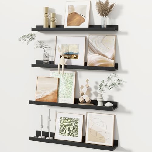 Fun Memories Picture Ledge Shelves Set of 4, 24 Inch Rustic Wall Mounted Floating Shelves with Lip for Home Storage and 