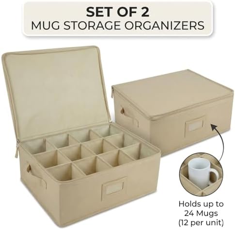 Mug Storage Box Set of 2 with Lid – 12 Compartment Coffee Cup Organizer for Cabinet & Pantry – Stackable Linen-Style Sto
