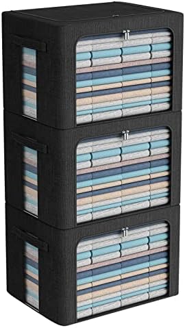 CYhom 3Pack Foldable Storage Bins - Frame Storage Box Linen Fabric Stackable Clothes Container Organizer with Clear Wind