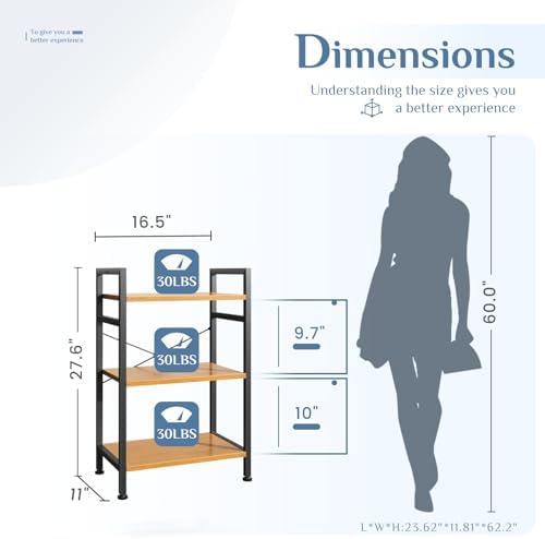 DUMOS 3 Tier Bookshelf, Home Office Bookcase Shelf Storage Organizer
