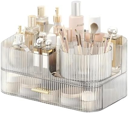 DASITON Makeup Organizer with Drawers and Rotating Makeup Brush Holder,Large Capacity Stackable Cosmetic Organizer Count