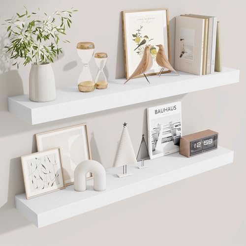 Fun Memories Floating Shelves for Room Wall, 36 Inch Long Shelf Set of 2， Hanging Wood Shelves for Storage & Display, Wh