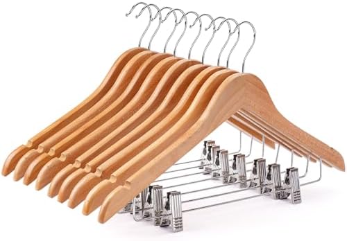 Wooden Hangers with Clips 12 PCS Pants Hangers with Clips,Smooth Solid Wooden Pants Hanger,360 Swivel Hooks & Adjustable Clips,for Jeans,Skirt,Suit,Shorts,Scarf