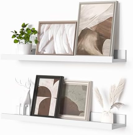 Heimlove Picture Ledge Shelf, Floating Shelves Set of 2, 24 Inches Picture Shelf for Wall with Ledge, Kids Bookshelf Wall Mounted for Living Room Bedroom Decor Books Photo Frames - White