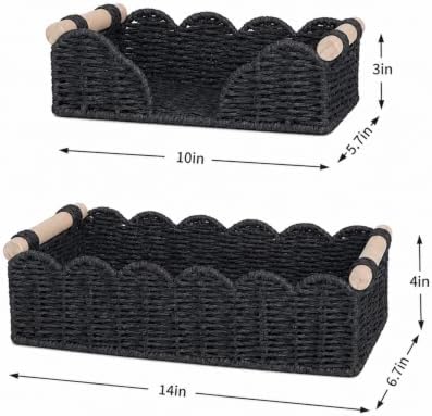 2 Pack Scalloped Paper Rope Toilet Paper Baskets with Wood Handles