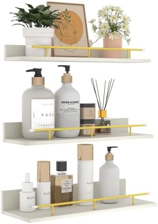 Giftgarden 16 Inch White Floating Shelves with Gold Metal Guardrail, Wood Shelves for Wall Storage Set of 3, Wall Shelf 