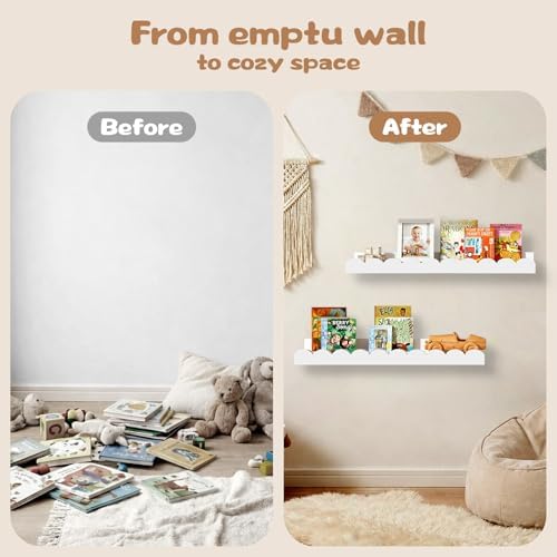 White Scalloped Nursery Shelves for Wall, 4-Pack Floating Book Shelves for Kids Room, Wall Mounted Kids Bookshelves for Bedroom, Playroom, Book and Decor Display