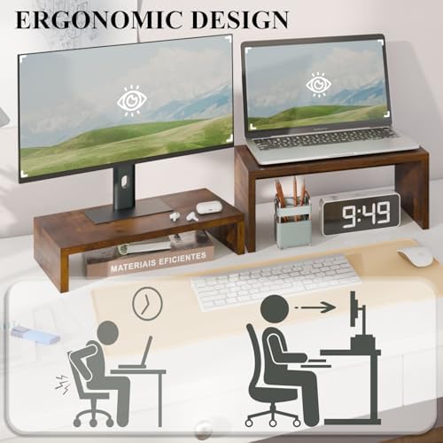 TEAMIX 2-Pack Monitor & Laptop Stand Riser, Wood High-Low Dual Monitor Set