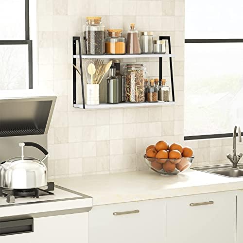 SRIWATANA White 2-Tier Floating Wall Shelves, Rustic Wood Storage Shelf Set