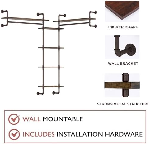 Helsin 5-Tiers 74inch Large Rustic Industrial Pipe Floating Shelving, Wall Mounted Heavy Duty Clothes Rack with Double H