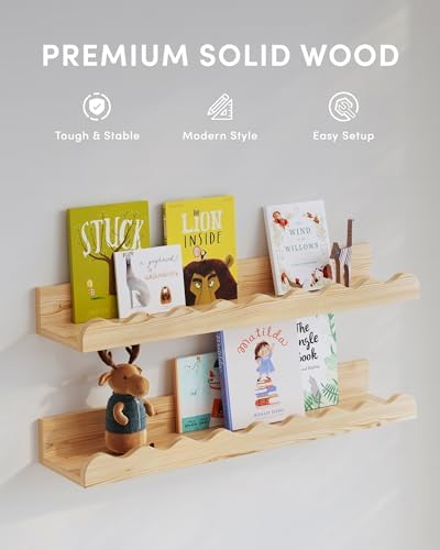 Seocry Kids' Bookshelf Set of 4 - Wood Floating Nursery Book Shelves, Picture Ledge Shelf for Wall Decor and Storage - Perfect for Books, Toys, Photo Frames, and Nursery Décor