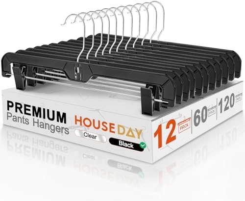 HOUSE DAY 14 Inch Black Plastic Pants Hangers with Clips 12 Pack