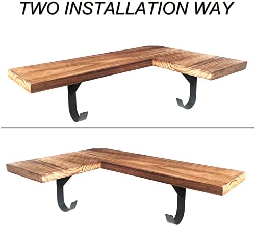 HAO Floating Corner Wall Shelves Rustic Wood Mounted Shelving L Shape Shelf with Cable Wire Hole Pattern for Bedroom Liv