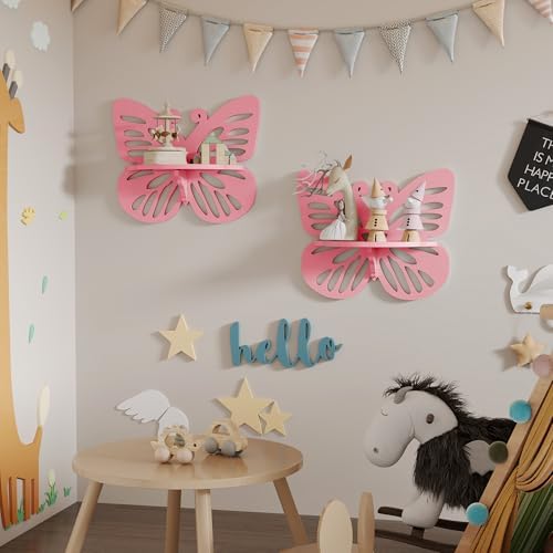 2-Tier Butterfly Wall Shelf - Nursery Decor Pink Floating Corner Shelves, Cute Wall Display Rack Bookshelf for Kid’s Roo