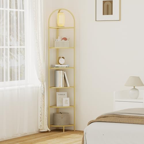 Homhedy 6-Tier Gold Corner Shelf Stand, Metal Corner Bookshelf