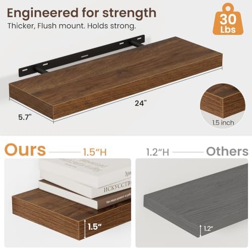 24 Inch Floating Shelves for Wall 2 Pack, Wood Wall Bathroom Shelves