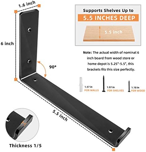 Shelf Brackets 5.5 x 4 Inch, Heavy Duty Black Metal Floating Shelf Bracket, Rustic Farmhouse Decorative Iron L Bracket w