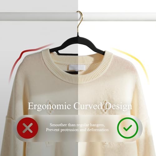 Korpai 30 Pack Black Velvet Shirt Hangers,Felt Hangers Non Slip,Heavy-Duty,Space Saving,Slim Velvet Hangers with Gold 360°Swivel Hook for Coats,Strappy Dresses,Shirts Sweater ect