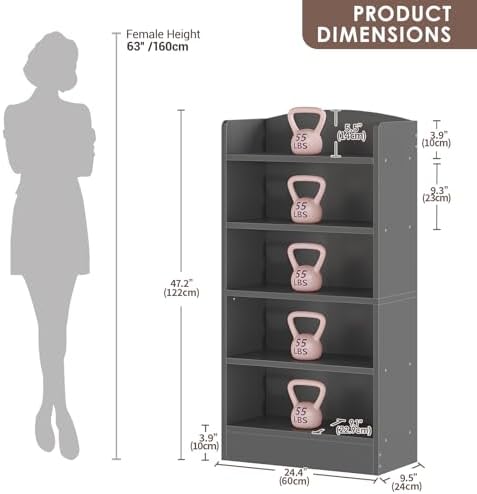 ALISENED 5-Tier Bookcase, Open Bookshelves and Bookcases with Storage Shelves, Floor Standing Unit, Display Storage Shel