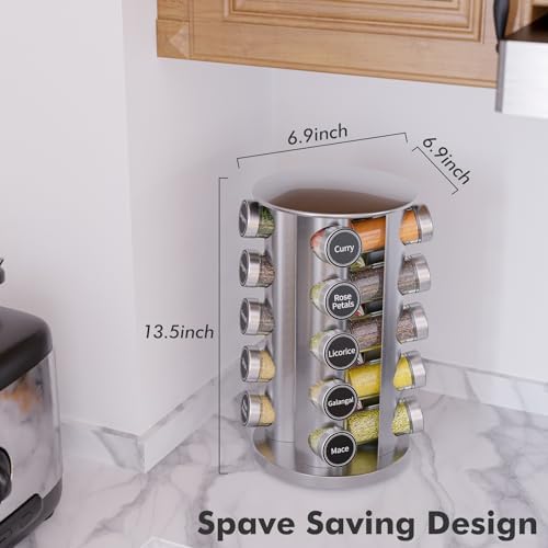 New England Stories Revolving Spice Rack Set with 20 Spice Jars, Kitchen Spice Tower Organizer for Countertop or Cabinet