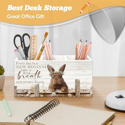 Motivational Bunny Pen Holder Organizer for Desk Accessories, Bunny Gifts for Women Girls, Farmhouse Daisy Floral Easter Rabbit Wooden Box Sign Desk Decorations for Home Office Decor