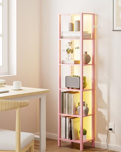 Open Book Shelf with LED Lights, 6 Tier Tall Bookshelf, Freestanding Shelf Narrow Bookcase with Open Shelves, 14.57" x 1