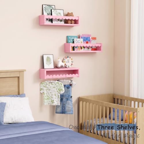 Pink Scalloped Nursery Floating Shelves, Kids Book Shelf Wall Mounted