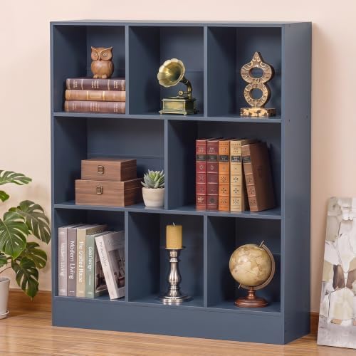 YAHARBO 3 Tier 8 Cube Horizontal Bookshelf,Low Bookcase - Sleves,Dark Blue
