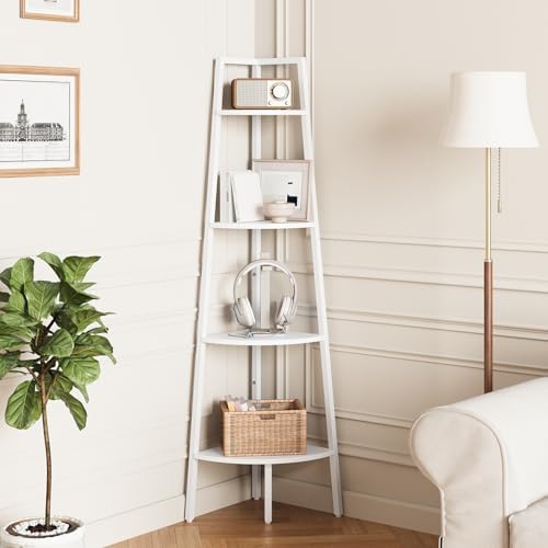 Yoobure Corner Shelf, 4-Tier Corner Bookshelf with Metal Frame & Wood Ladder Shelves - Display Shelf & Tall Bookcase, Pl