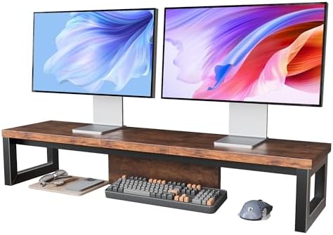 Dual Monitor Stand Riser, Wood and Steel Monitor Riser, Long Computer Monitor Stands for 2 Monitors, Desk Shelf for Comp