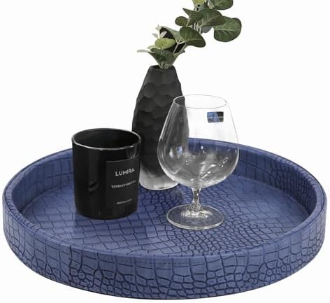 HofferRuffer Faux Leather Round Serving Tray, Vegan Croco Leather Decorative Tray, Food Tray for Storage Drinks, Snack &