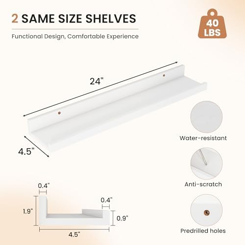 Dreamland Picture Ledge Shelf for Wall, Floating Shelves Set of 2, 24 Inch Long Floating Shelves with Lip for Living Room, Bedroom, Bathroom, Kitchen, White