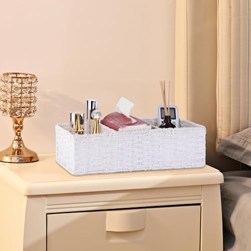 Vagusicc 3 Section Wicker Storage Basket, White Wicker Baskets for Storage, Toilet Tank Basket, Small Baskets for Organi