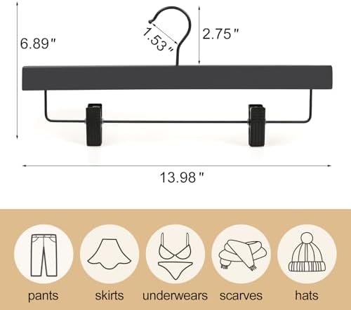 TOPIA HANGER Wooden Pants Hangers 20 Pack, Black Skirt Hanger with Clips and Rotatable Hook, Durable Rubber Wood Hangers for Skirts, Pants, Jeans, Shorts - CTS05B