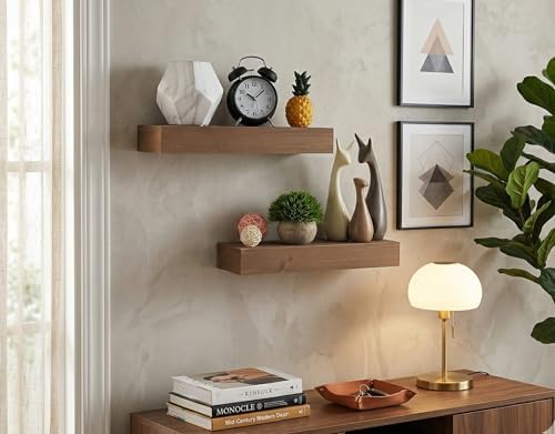 Wall-Mounted Floating Shelves - Set of 2, Solid Wood Teak Brown, 16.5” W x 6” D x 2.5” H - Rustic Decorative Storage for