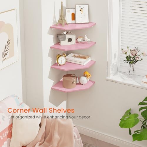 Homode Corner Shelf Wall Mount, Set of 4 Corner Floating Shelves, Wood Hanging Storage Shelving with Cord Hole, Wall She
