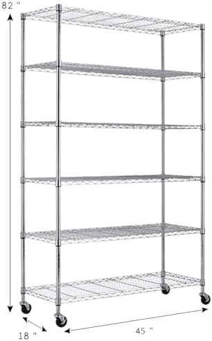 6-Tier NSF Heavy Duty Metal Shelving - 45" L x 18" W x 82" H Adjustable Storage Shelves with Wheels, 2100lb Capacity for