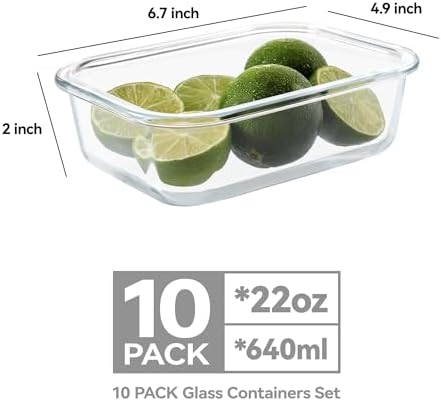 BAYZZ 10 Pack 22 oz Glass Meal Prep Containers, Glass Food Storage Containers with Airtight Lids, BPA-Free, Freezer and Microwave Safe, White