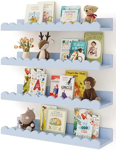 Shario Nursery Book Shelves, 4-Pack White Floating Shelves for Wall Kids, Scalloped Shelves, Wall Book Shelves for Bedro
