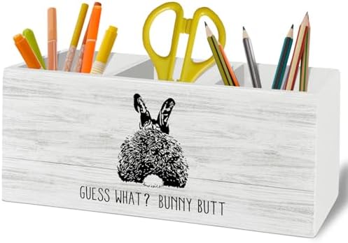 Bunny Rabbit Gifts, Easter Decor, Bunny Easter Gifts for Women, Funny Pen Pencil Holder Organizer for Desk Accessories, Wooden Box Sign Desk Decor for Home Office