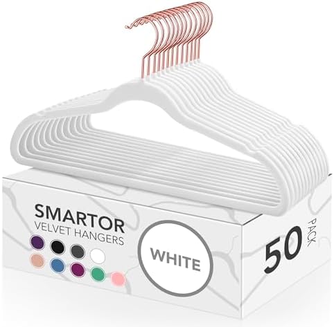 Smartor White Velvet Hangers 50 Pack, Non Slip Rose Gold Hook Felt Hangers