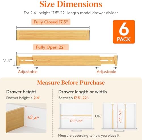 Lifewit 2.4" Kitchen Drawer Dividers, Adjustable Bamboo Drawer Organizers