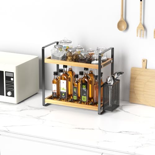 LEMIKKLE 2-Tier Coffee Bar Organizer With Basket,Wooden Counter Shelf for Coffee Bar Accessories,Kitchen Spice Rack Orga