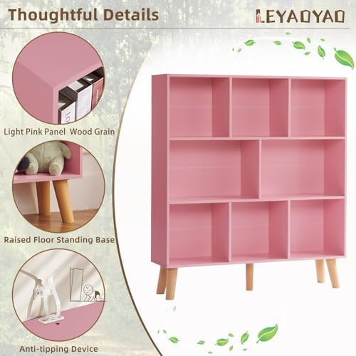 LEYAOYAO 8 Cube Bookshelf,Mid-Century Modern Bookcase with Legs,Light Pink