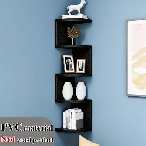 5-Tier Corner Shelf Wall Mount, Screw-Mounted Floating Bookshelf with Enhanced Support, Space-Saving Zigzag Shelf for Be
